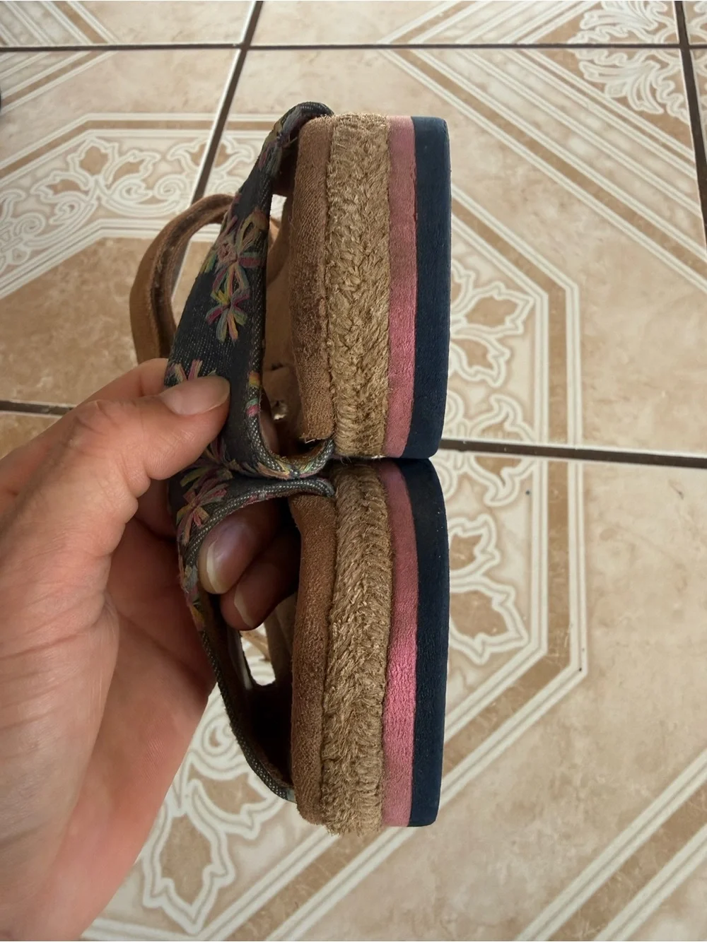 Toms Girls Brown Sandals with Denim Floral Embroidered Straps
